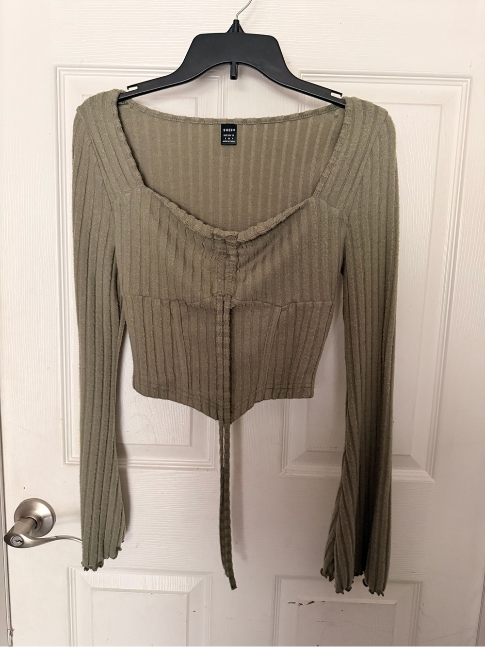 SHEIN Olive Ribbed Cropped Long Sleeve Tie-Front Top